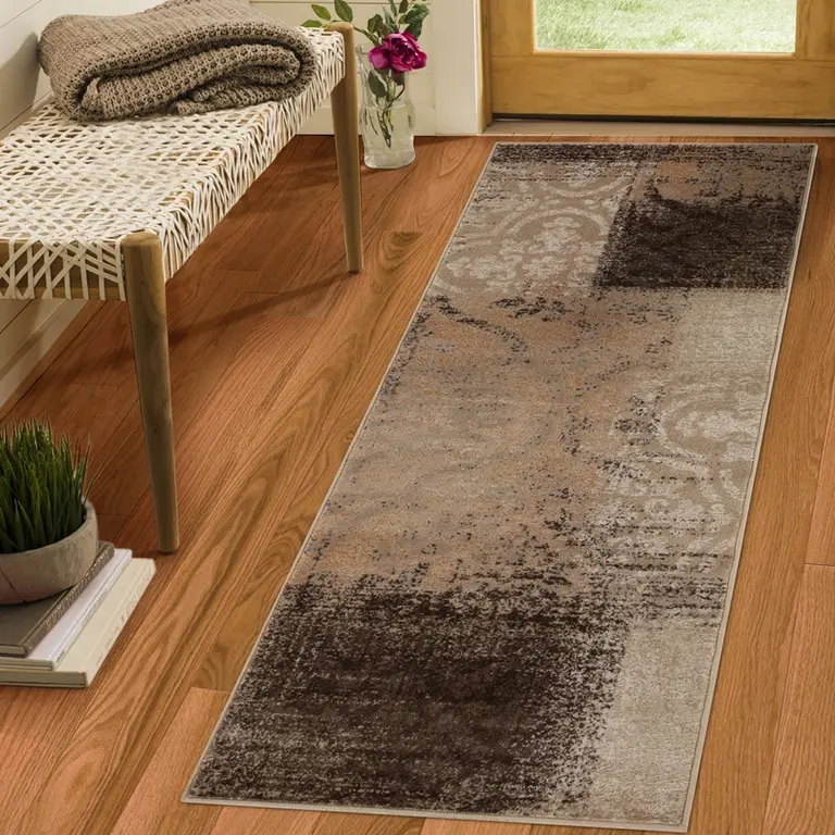 8' Damask Distressed Stain Resistant Runner Rug Photo 2