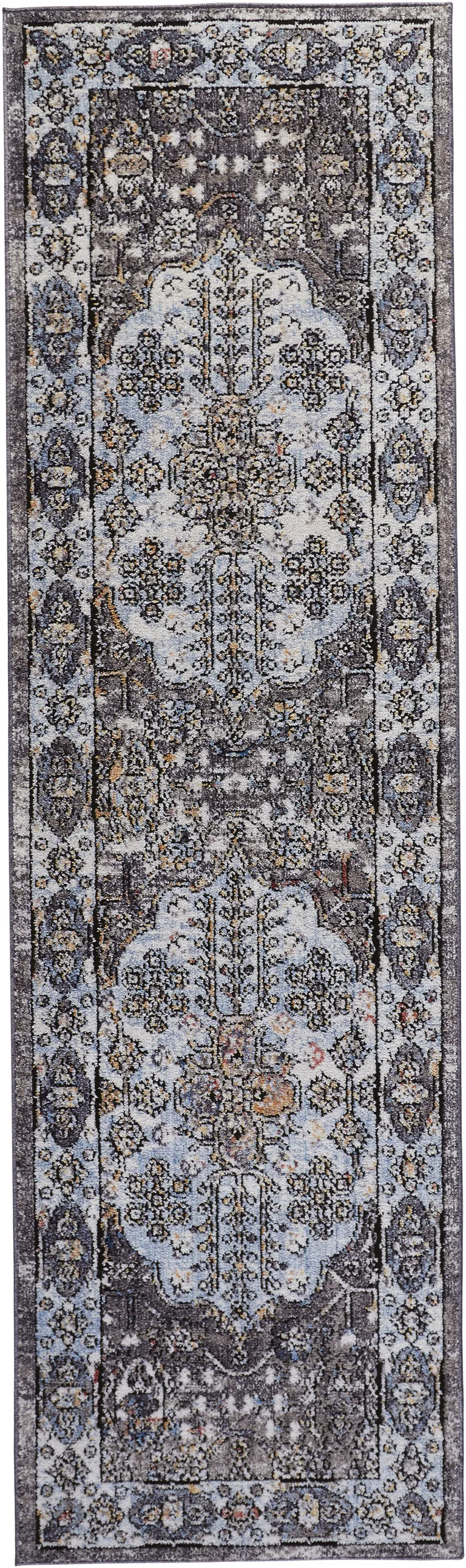 8' Gray Blue And Gold Floral Stain Resistant Runner Rug Photo 1