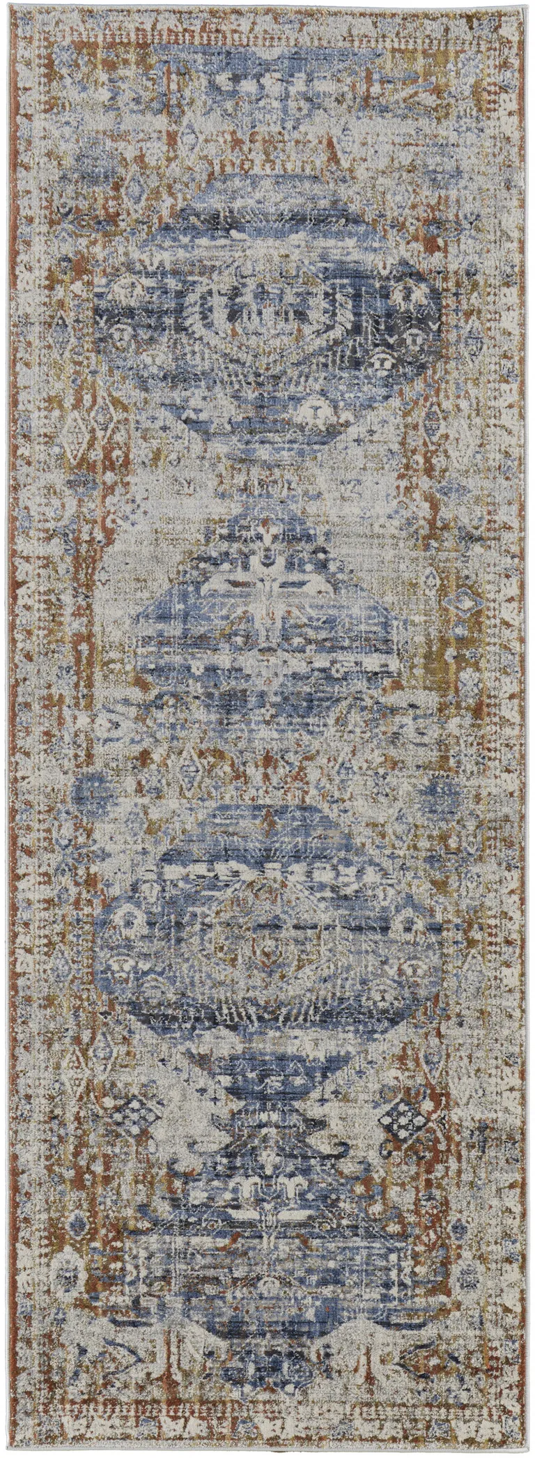8' Ivory Orange And Blue Floral Power Loom Distressed Runner Rug With Fringe Photo 1