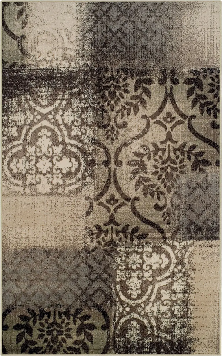 5' X 8' Tan And Brown Damask Distressed Stain Resistant Area Rug Photo 1