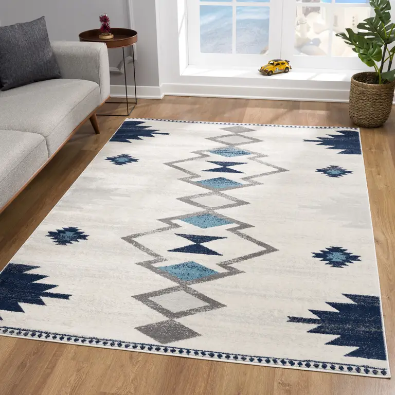 9' x 13' Navy and Ivory Tribal Pattern Area Rug Photo 4