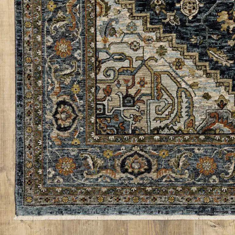 Blue And Green Oriental Power Loom Area Rug With Fringe Photo 2