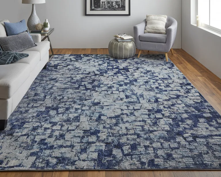 Blue And Ivory Abstract Power Loom Distressed Stain Resistant Area Rug Photo 4