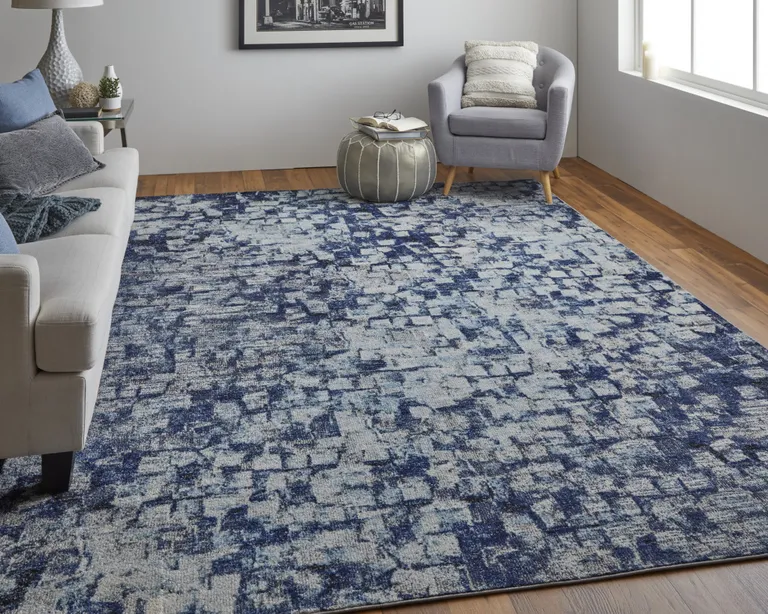 Blue And Ivory Abstract Power Loom Distressed Stain Resistant Area Rug Photo 5