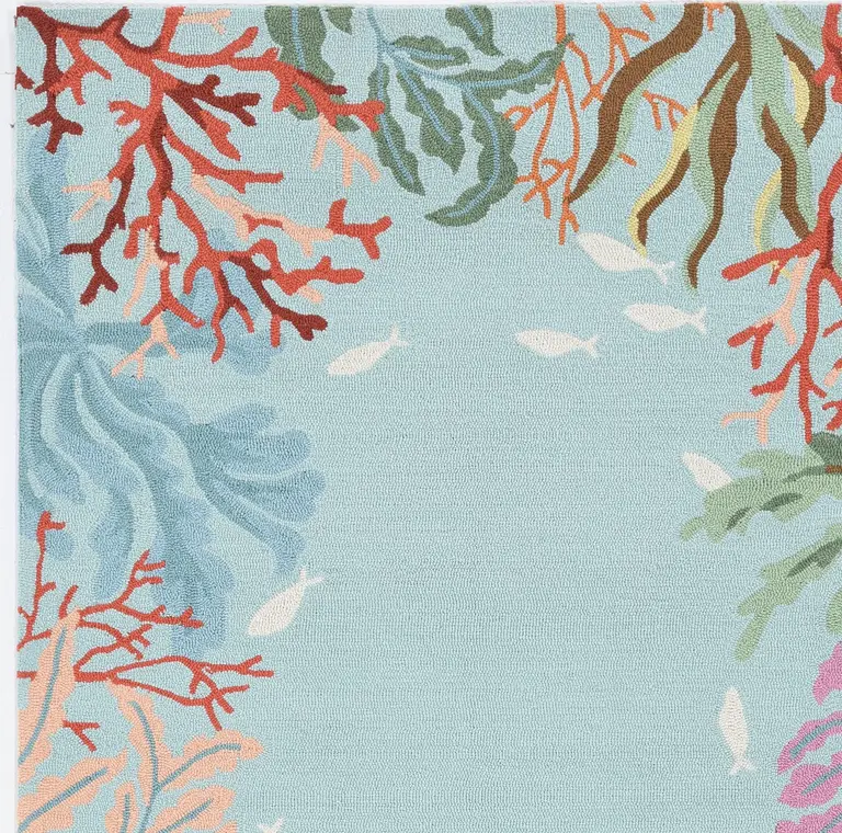 Blue Hand Hooked Bordered Coral Reef Indoor Area Rug Photo 1