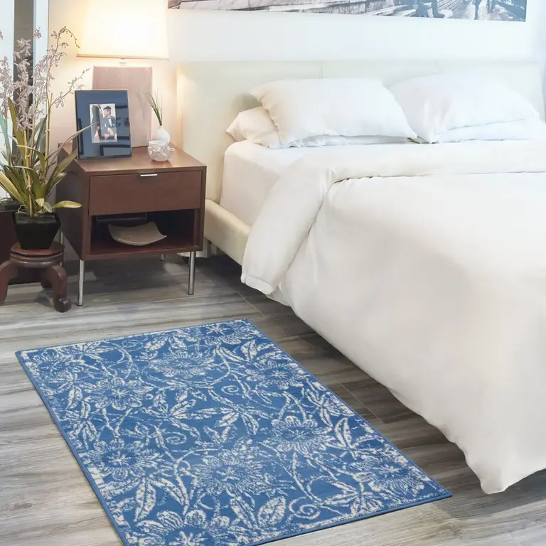 Blue and Ivory Floral Vines Area Rug Photo 5