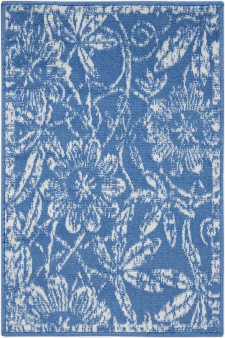 Blue and Ivory Floral Vines Area Rug Photo 2