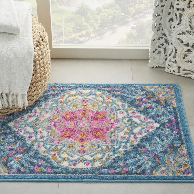 Blue and Pink Medallion Scatter Rug Photo 5