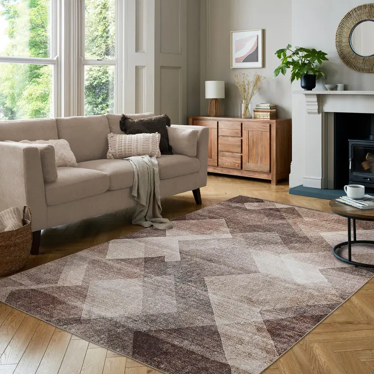 Brown Geometric Stain Resistant Area Rug Photo 3