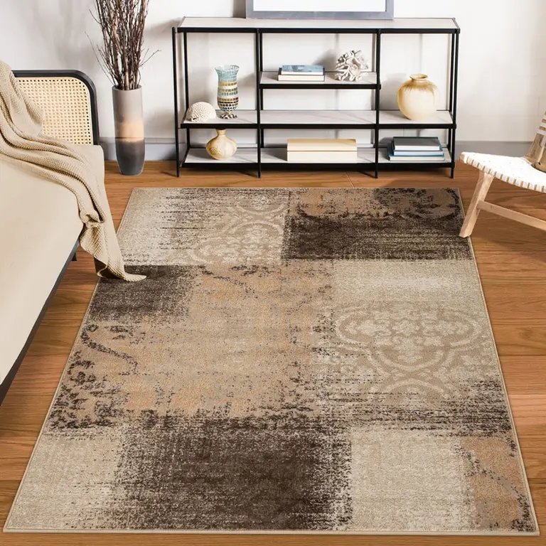 Damask Distressed Stain Resistant Area Rug Photo 2