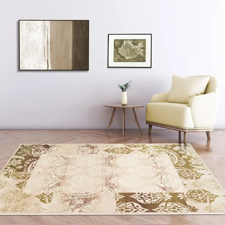 Damask Power Loom Distressed Stain Resistant Area Rug Photo 2