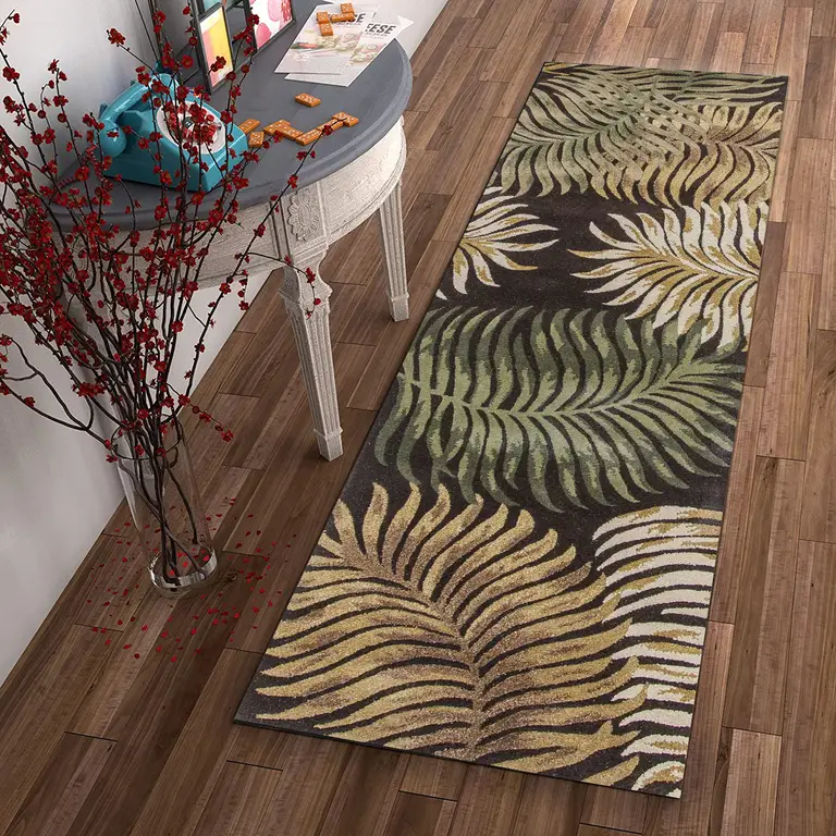 Espresso Brown Hand Tufted Tropical Leaves Indoor Runner Rug Photo 4
