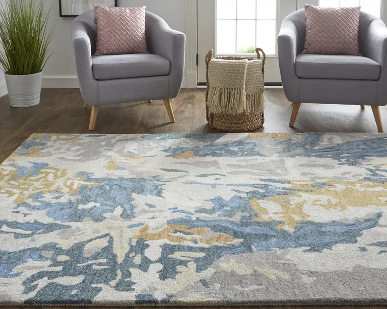 Gray Blue And Gold Wool Abstract Tufted Handmade Stain Resistant Area Rug Photo 5