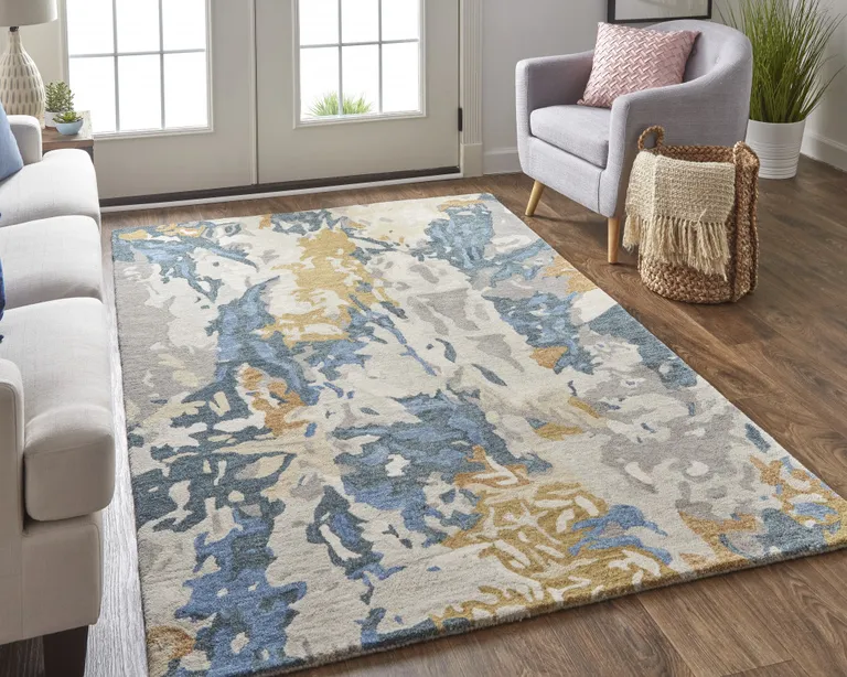 Gray Blue And Gold Wool Abstract Tufted Handmade Stain Resistant Area Rug Photo 3