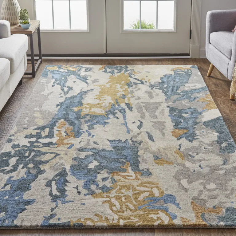 Gray Blue And Gold Wool Abstract Tufted Handmade Stain Resistant Area Rug Photo 4