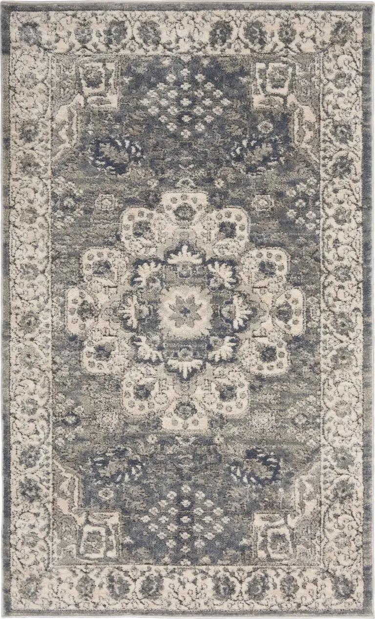 Grey And Ivory Oriental Power Loom Non Skid Area Rug Photo 1