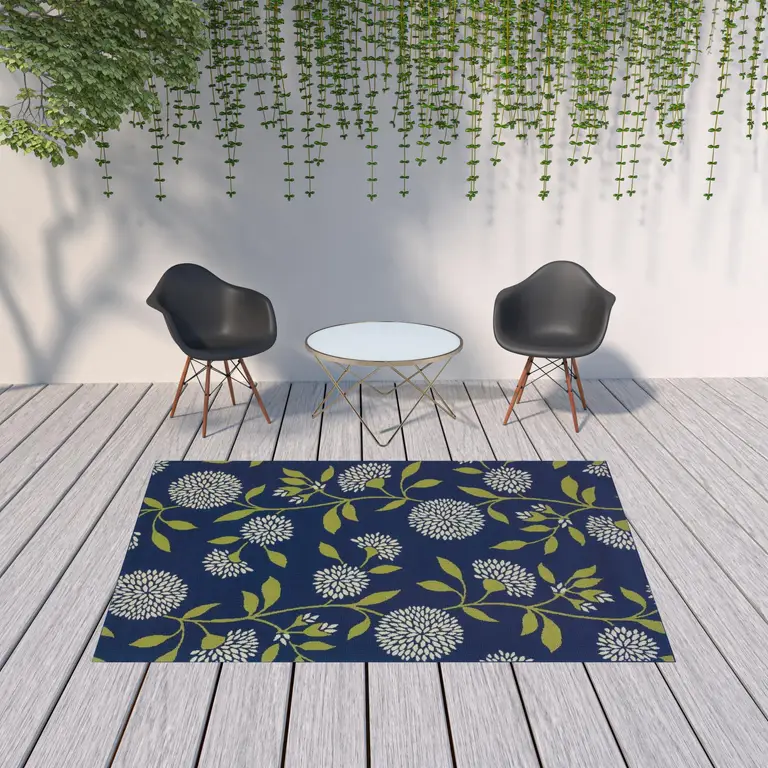 Indigo and Lime Green Floral Indoor Outdoor Area Rug Photo 4