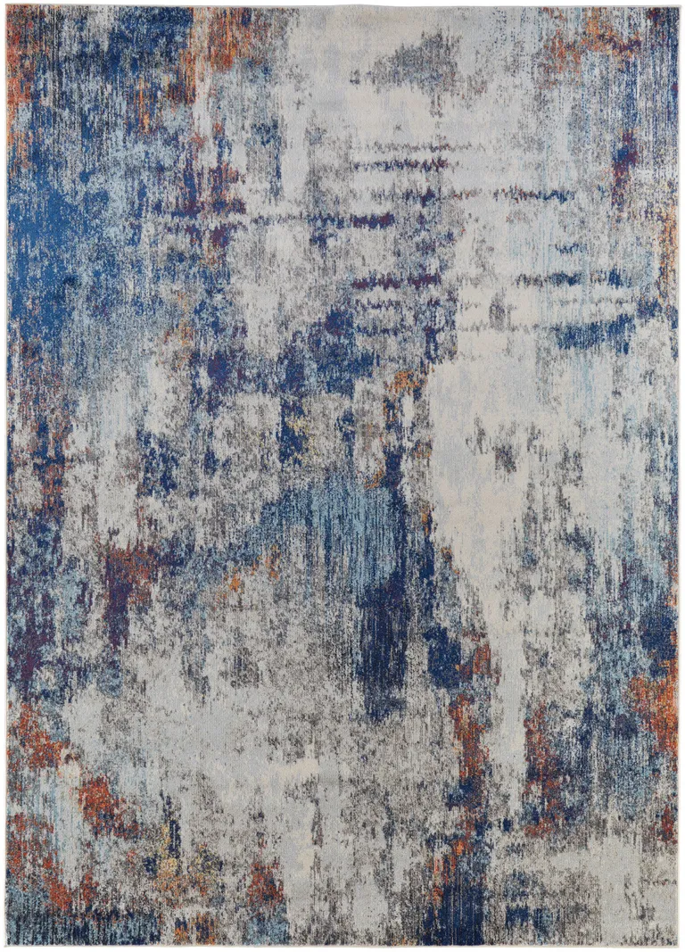 Ivory And Blue Abstract Power Loom Distressed Stain Resistant Area Rug Photo 1