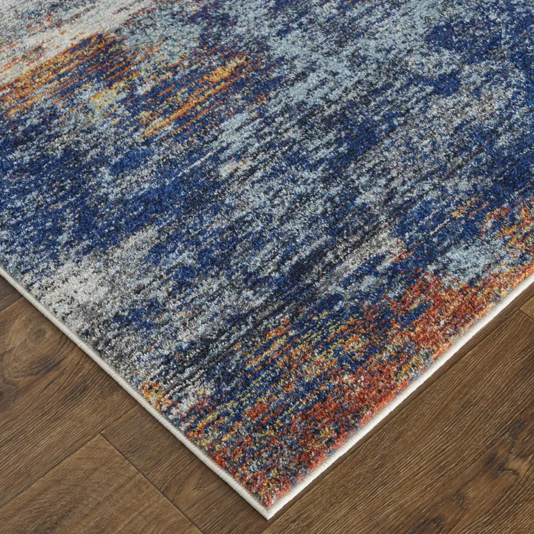 Ivory And Blue Abstract Power Loom Distressed Stain Resistant Area Rug Photo 4