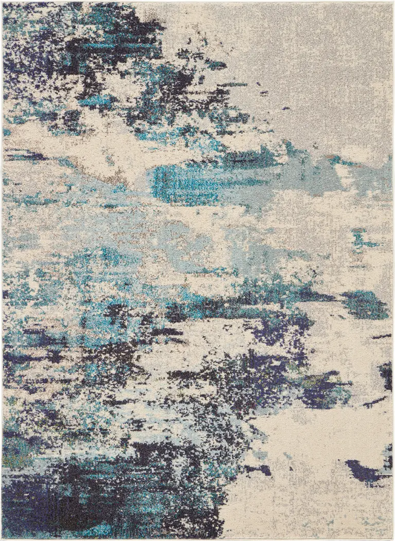 Ivory And Teal Blue Abstract Power Loom Non Skid Area Rug Photo 1