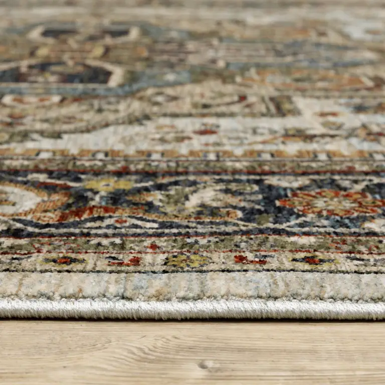 Ivory Beige Blue Orange Gold Green Grey And Rust Oriental Power Loom Stain Resistant Area Rug With Fringe Photo 4