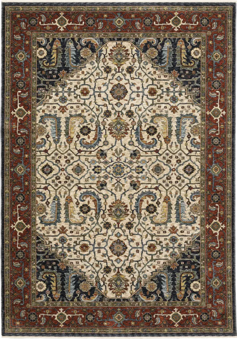 Ivory Beige Red Blue Gold Green And Navy Oriental Power Loom Stain Resistant Area Rug With Fringe Photo 1