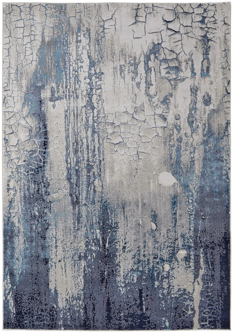 Ivory Blue And Black Abstract Power Loom Distressed Area Rug Photo 1