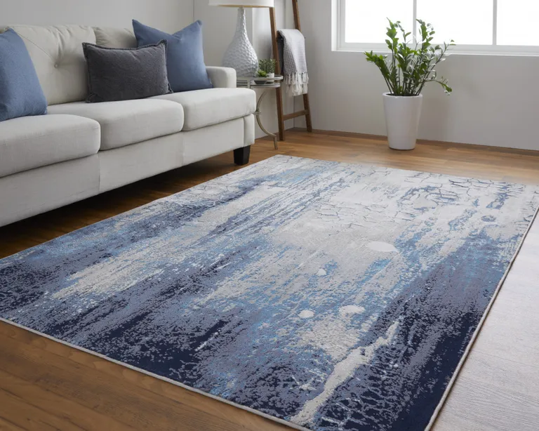 Ivory Blue And Black Abstract Power Loom Distressed Area Rug Photo 2