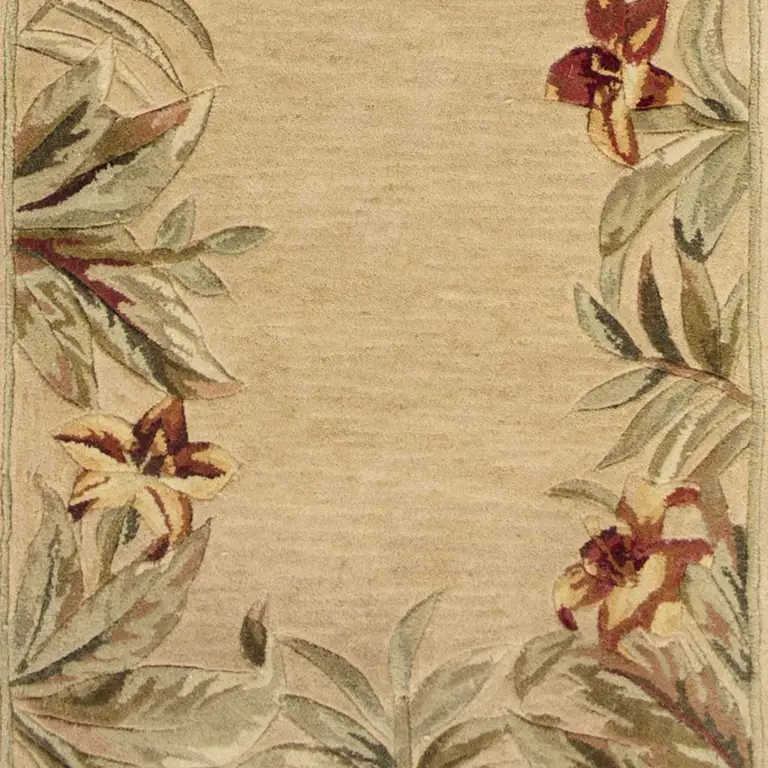 Ivory Hand Tufted Bordered Tropical Plants Indoor Runner Rug Photo 3