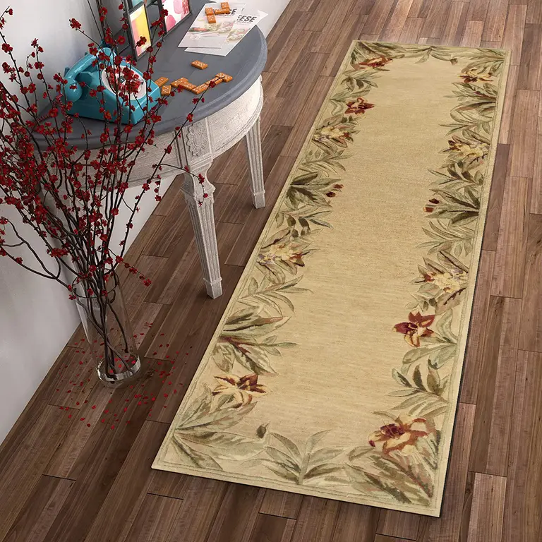 Ivory Hand Tufted Bordered Tropical Plants Indoor Runner Rug Photo 4