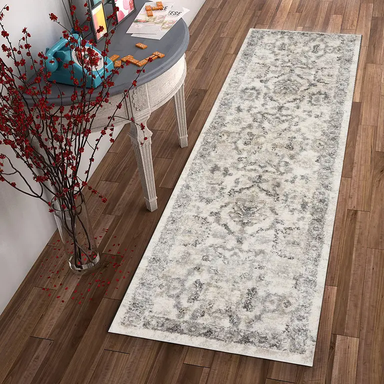 Ivory Machine Woven Distressed Floral Traditional Indoor Runner Rug Photo 4