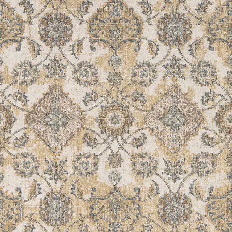 Ivory Sand Machine Woven Bordered Floral Vines Indoor Area Rug Photo 2