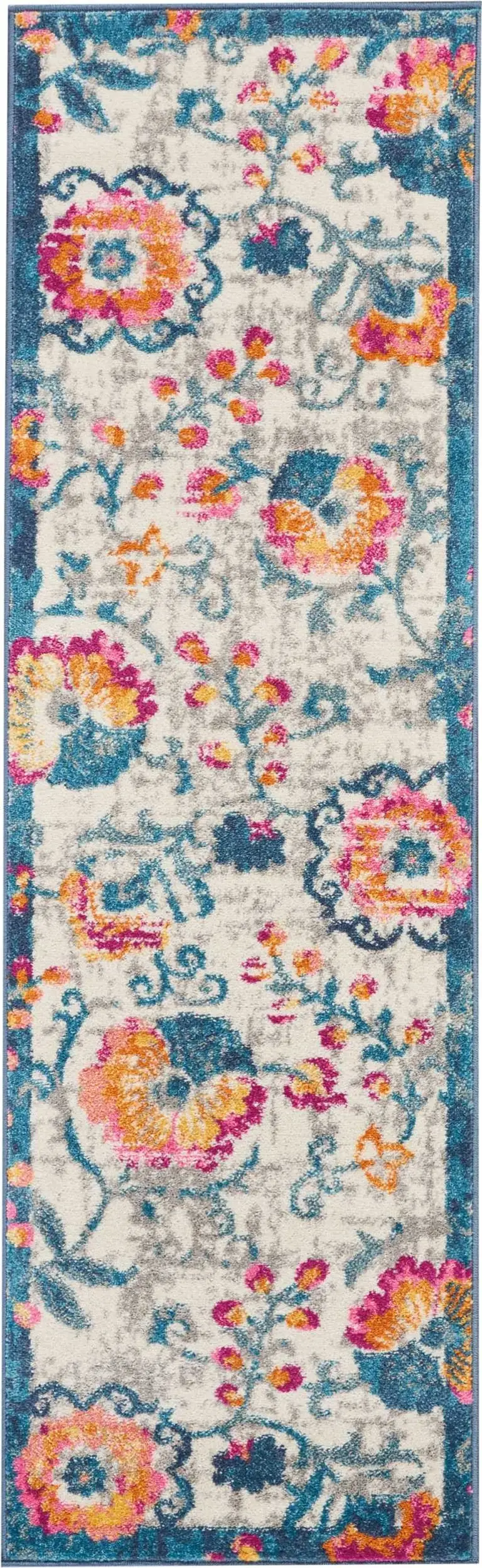 Ivory and Blue Floral Vines Runner Rug Photo 1