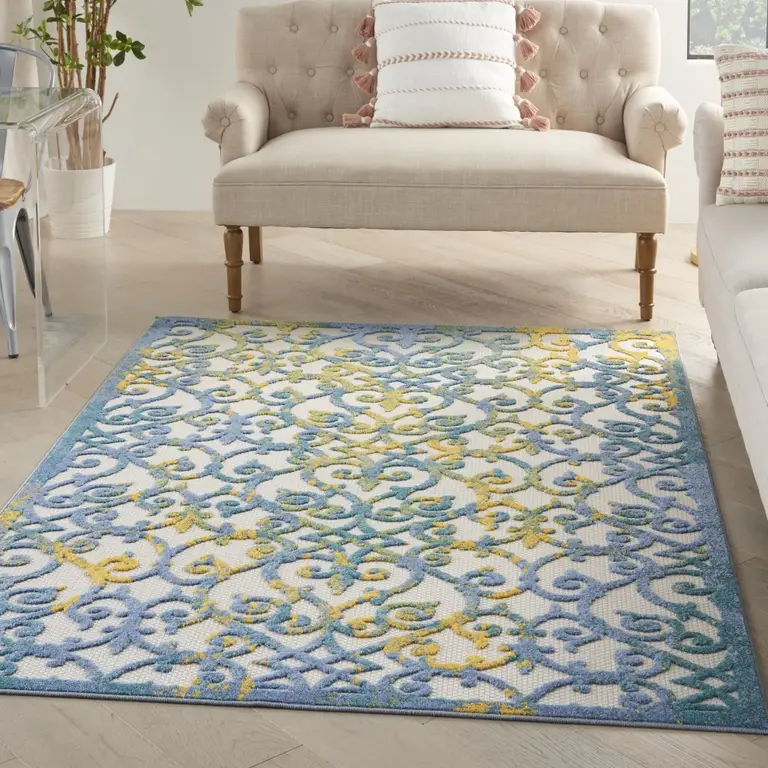 Ivory and Blue Indoor Outdoor Area Rug Photo 4