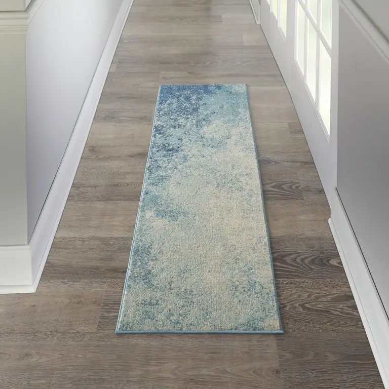 Light Blue and Ivory Abstract Sky Runner Rug Photo 4