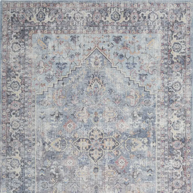 Light Grey And Blue Oriental Power Loom Distressed Washable Area Rug Photo 4