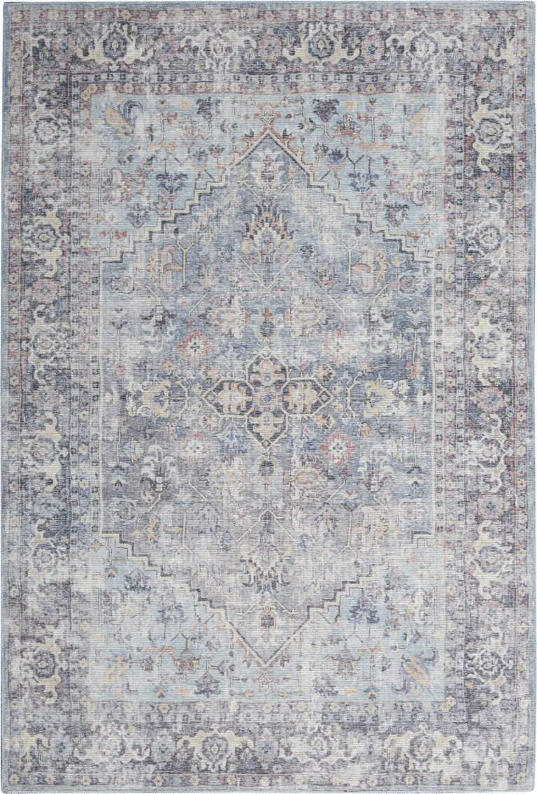 Light Grey And Blue Oriental Power Loom Distressed Washable Area Rug Photo 1