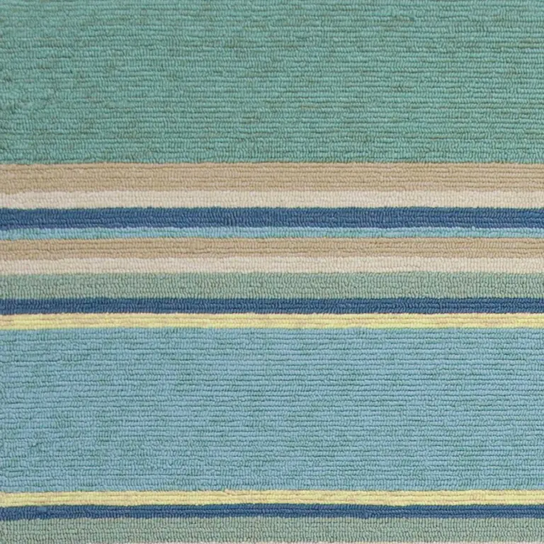 Ocean Blue Hand Hooked UV Treated Awning Stripes Indoor Outdoor Area Rug Photo 2