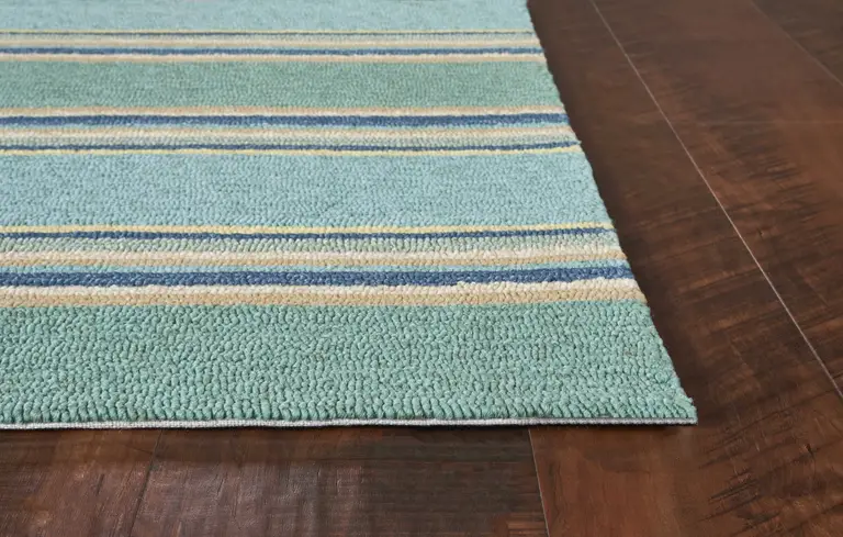 Ocean Blue Hand Hooked UV Treated Awning Stripes Indoor Outdoor Area Rug Photo 5