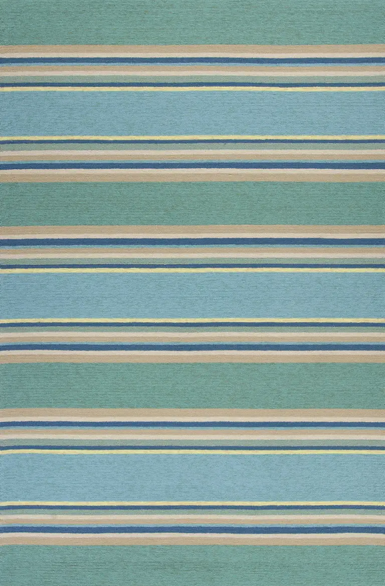 Ocean Blue Hand Hooked UV Treated Awning Stripes Indoor Outdoor Area Rug Photo 1