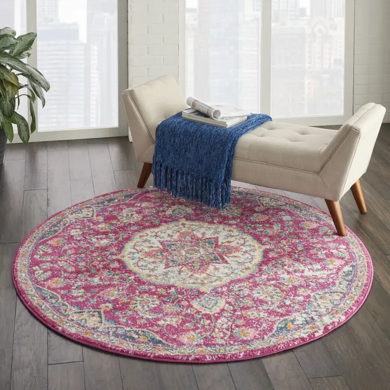 Pink and Ivory Medallion Area Rug Photo 4
