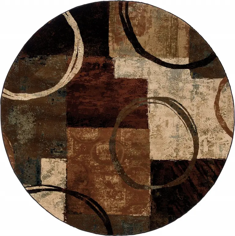 Round Brown and Black Abstract Geometric Area Rug Photo 1