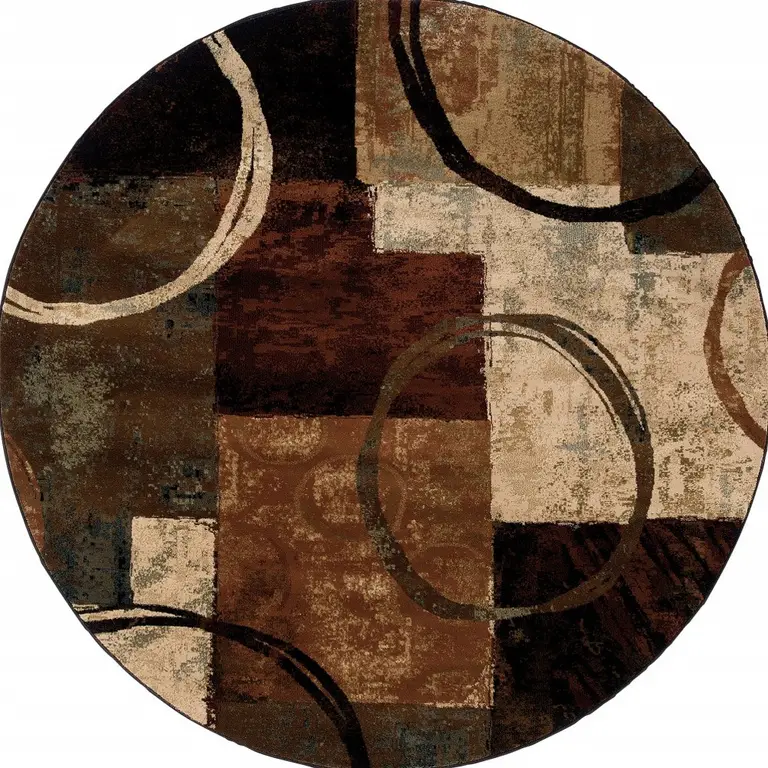 Round Brown and Black Abstract Geometric Area Rug Photo 5