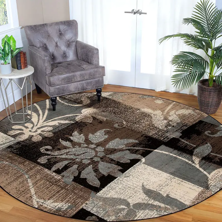 Round Floral Power Loom Distressed Stain Resistant Area Rug Photo 2