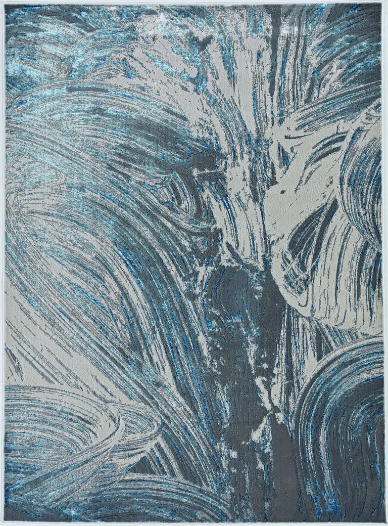 Silver or Blue Abstract Brushstrokes Indoor Area Rug Photo 2