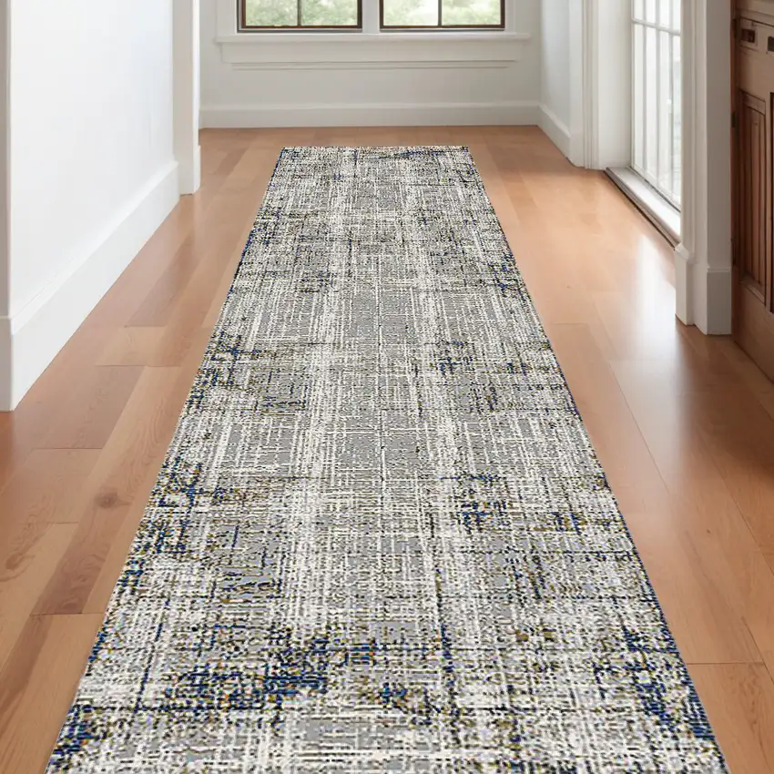 10' Gray and Gold Abstract Power Loom Runner Rug Photo 1