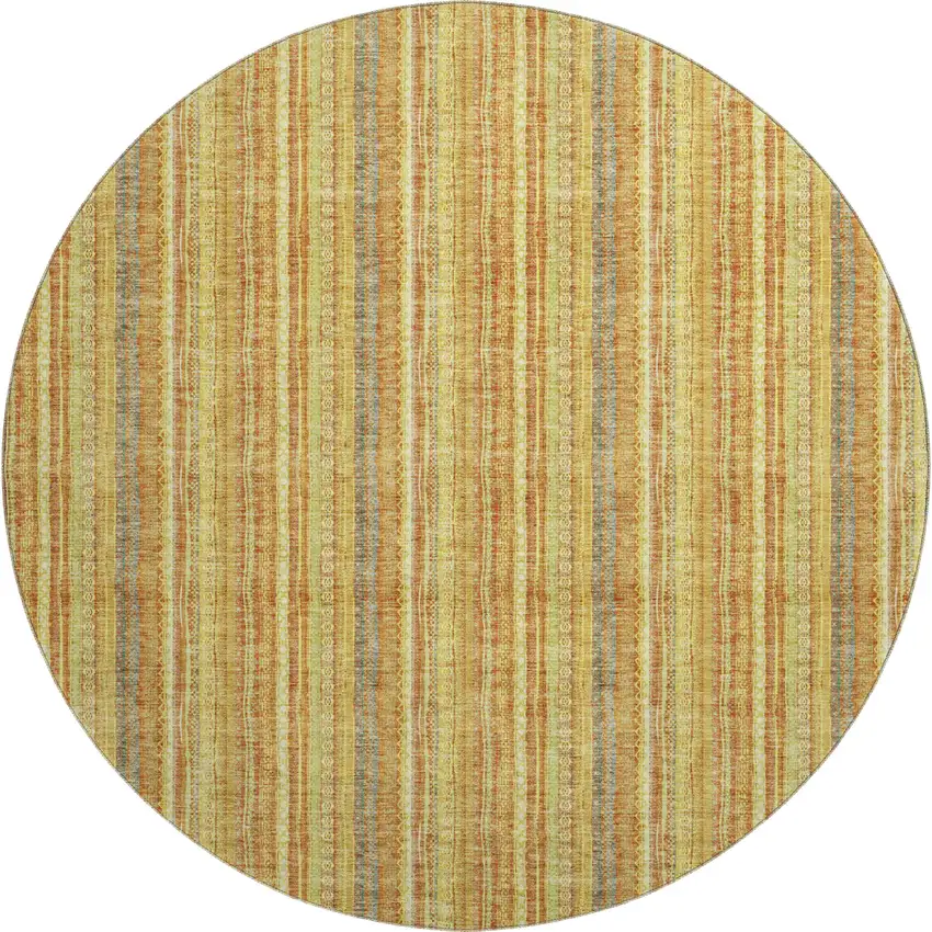 8' Amber And Artichoke Green Striped Washable Round Rug With UV Protection Photo 1
