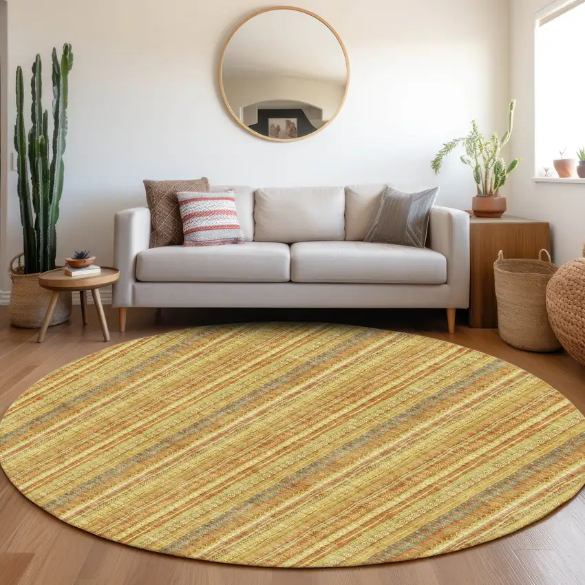 8' Amber And Artichoke Green Striped Washable Round Rug With UV Protection Photo 4