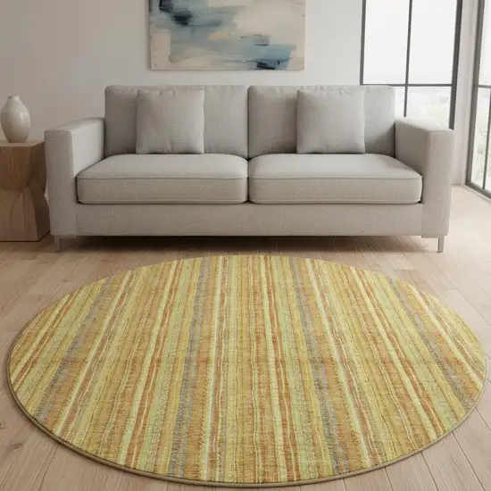 8' Amber And Artichoke Green Striped Washable Round Rug With UV Protection Photo 2