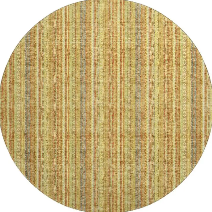 8' Amber And Artichoke Green Striped Washable Round Rug With UV Protection Photo 2